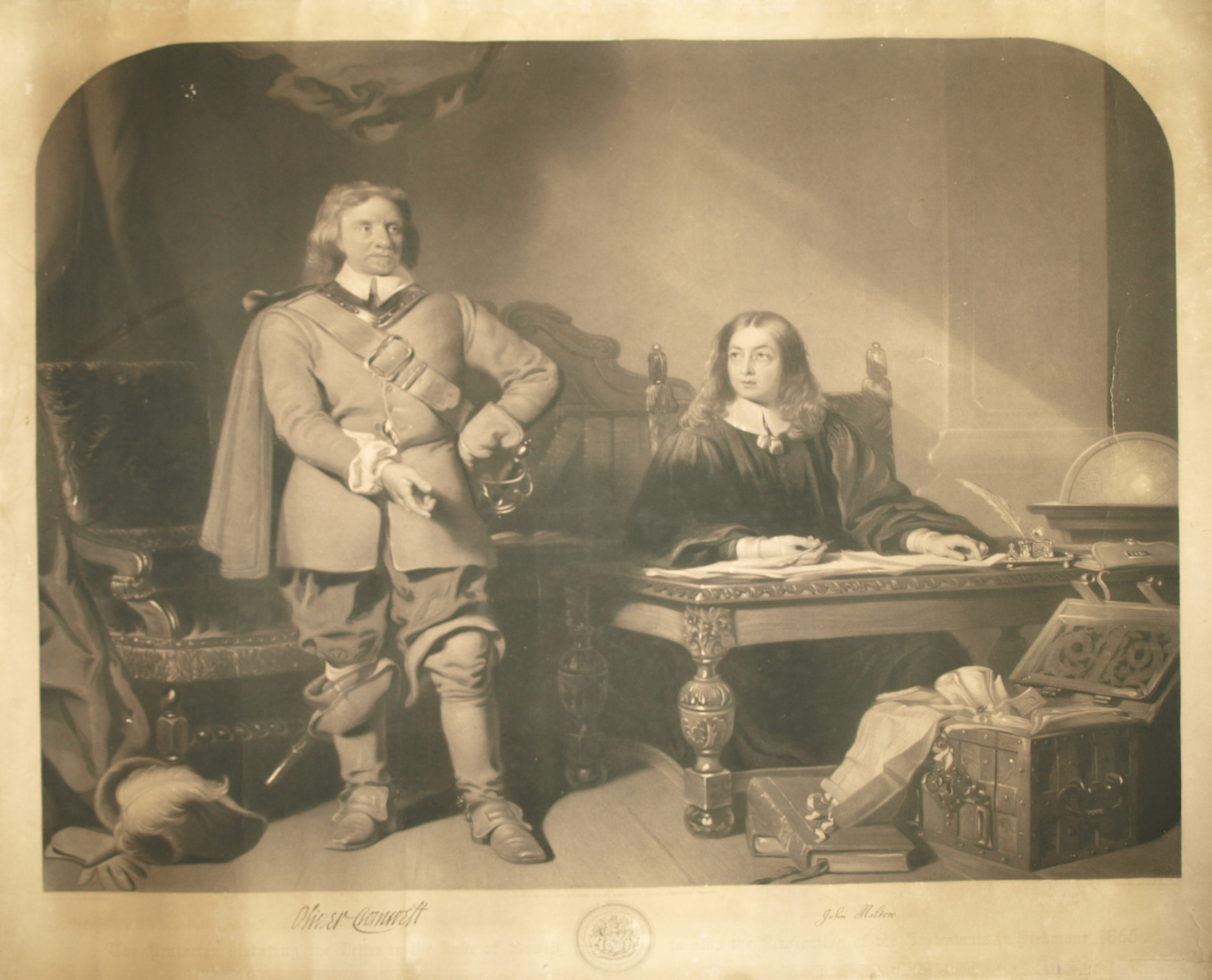 The Protector dictating the Letter to the Duke of Savoy to stop the Persecution of the Protestants in Piedmont; incisione, 1853, Museo valdese di Torre Pellice